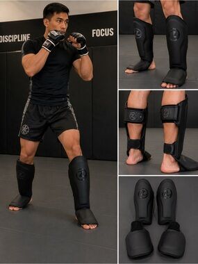 Eruption Boxing Shin Guards Foot Protectors MMA Muay Thai Kickboxing Black M